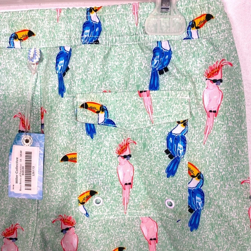 Johnnie-O Boys Birds of Paradise Seafoam Green Toucan Print Swim Shorts size 14